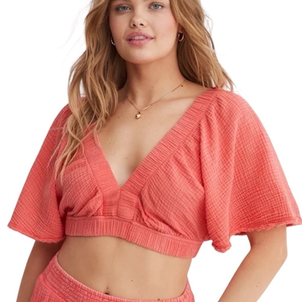 Aerie Coral Flutter Sleeve Pool to Party Top